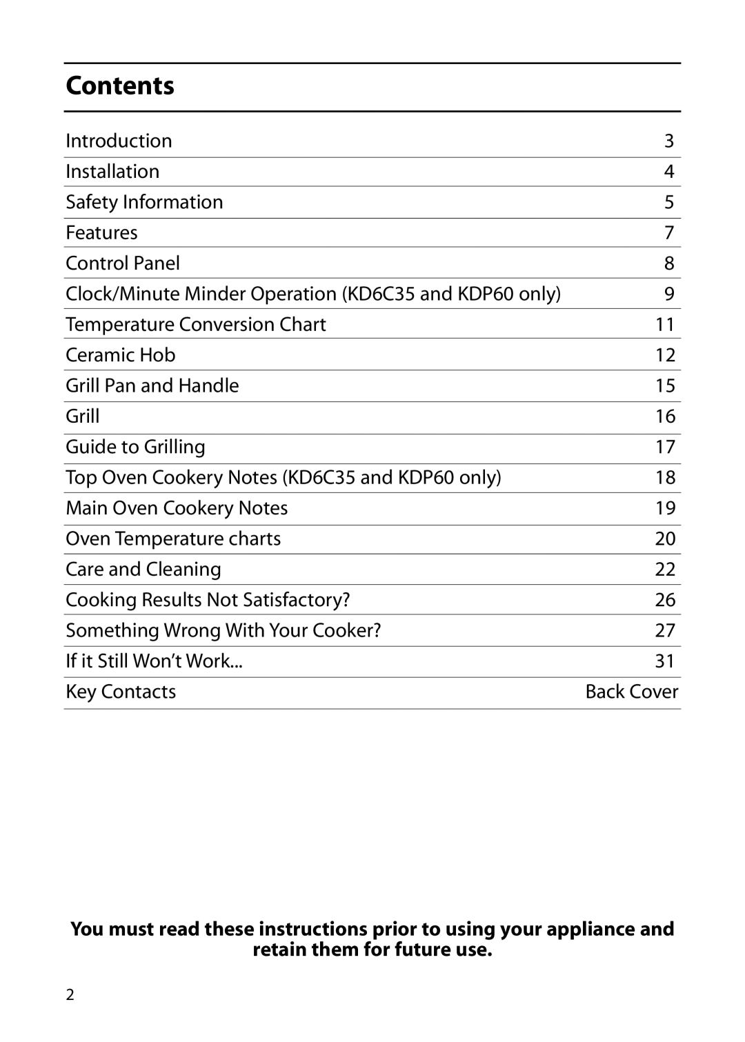 Indesit KT6CE, KDP60, KD6C35 manual Contents 