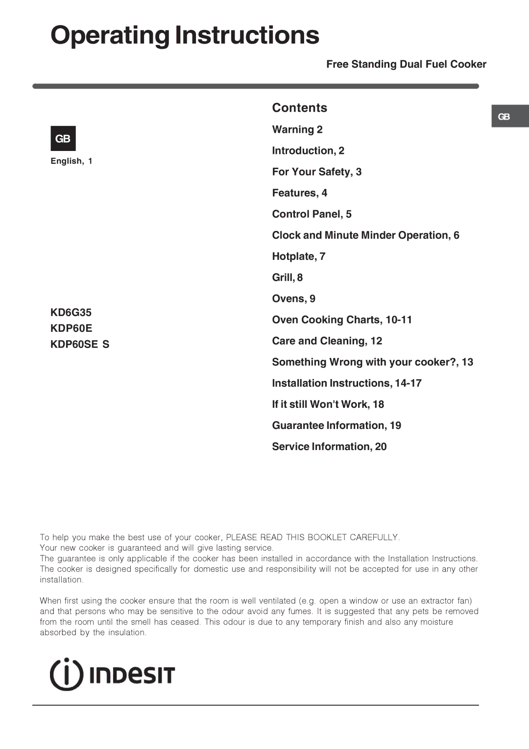 Indesit KD6G35, KDP60E, KDP60SES installation instructions Operating Instructions, Contents 