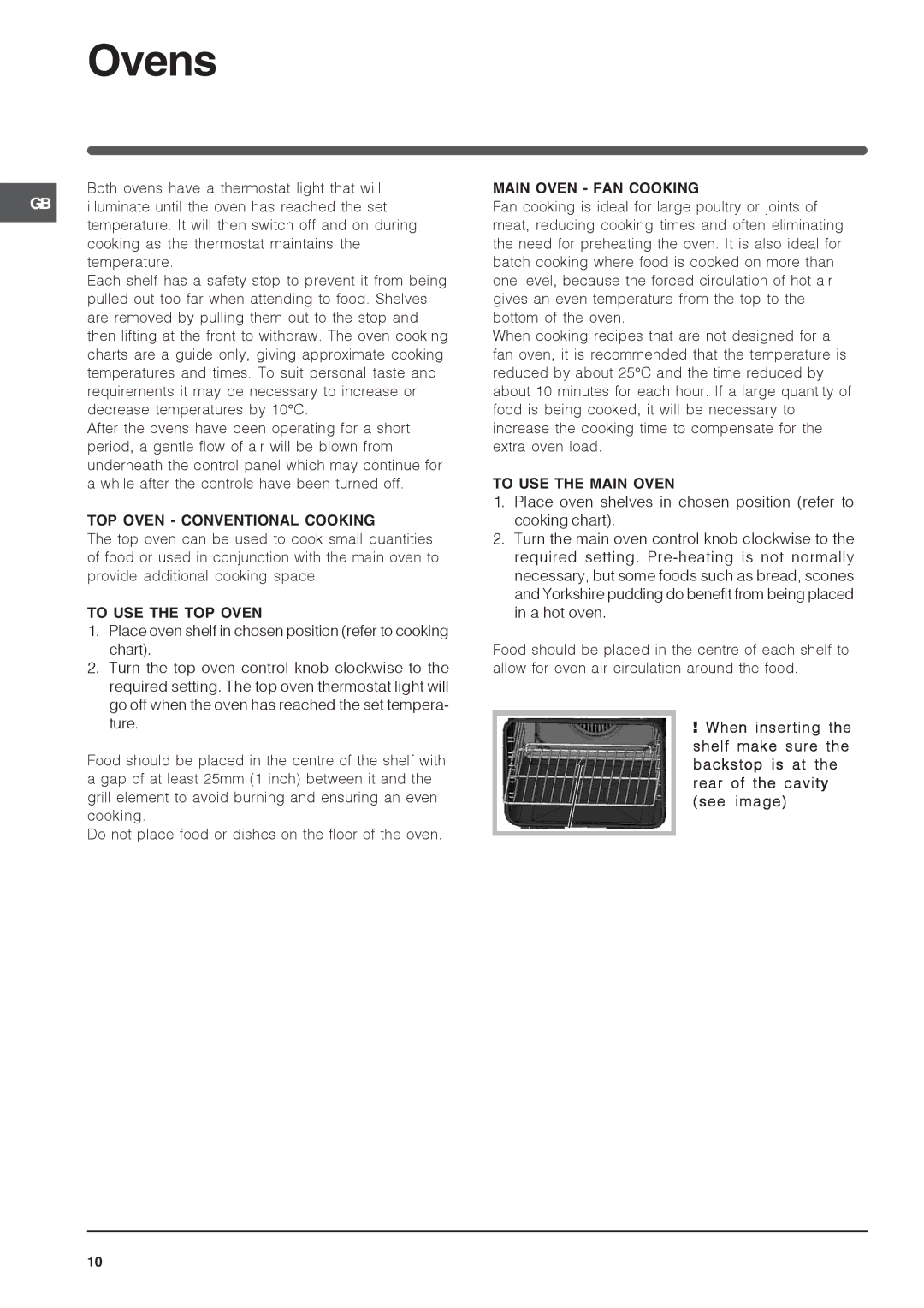 Indesit KD6G35 Ovens, TOP Oven Conventional Cooking, To USE the TOP Oven, Main Oven FAN Cooking, To USE the Main Oven 