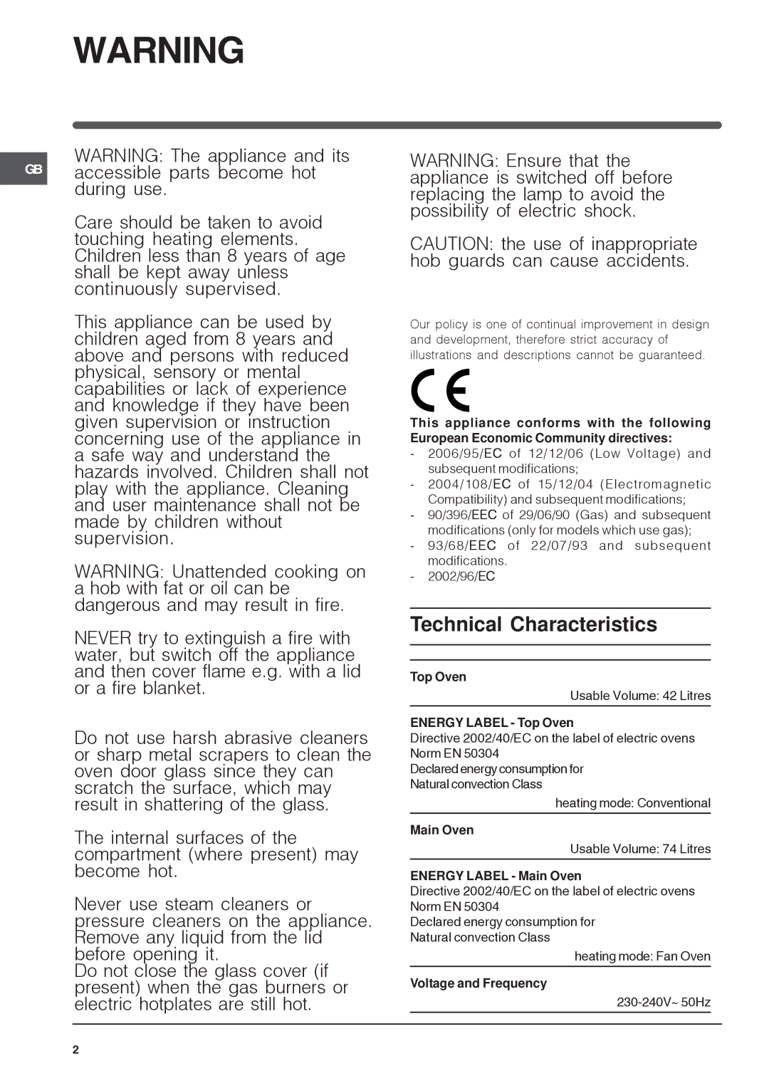 Indesit KDP60SES, KDP60E, KD6G35 Energy Label Top Oven, Energy Label Main Oven, Voltage and Frequency 