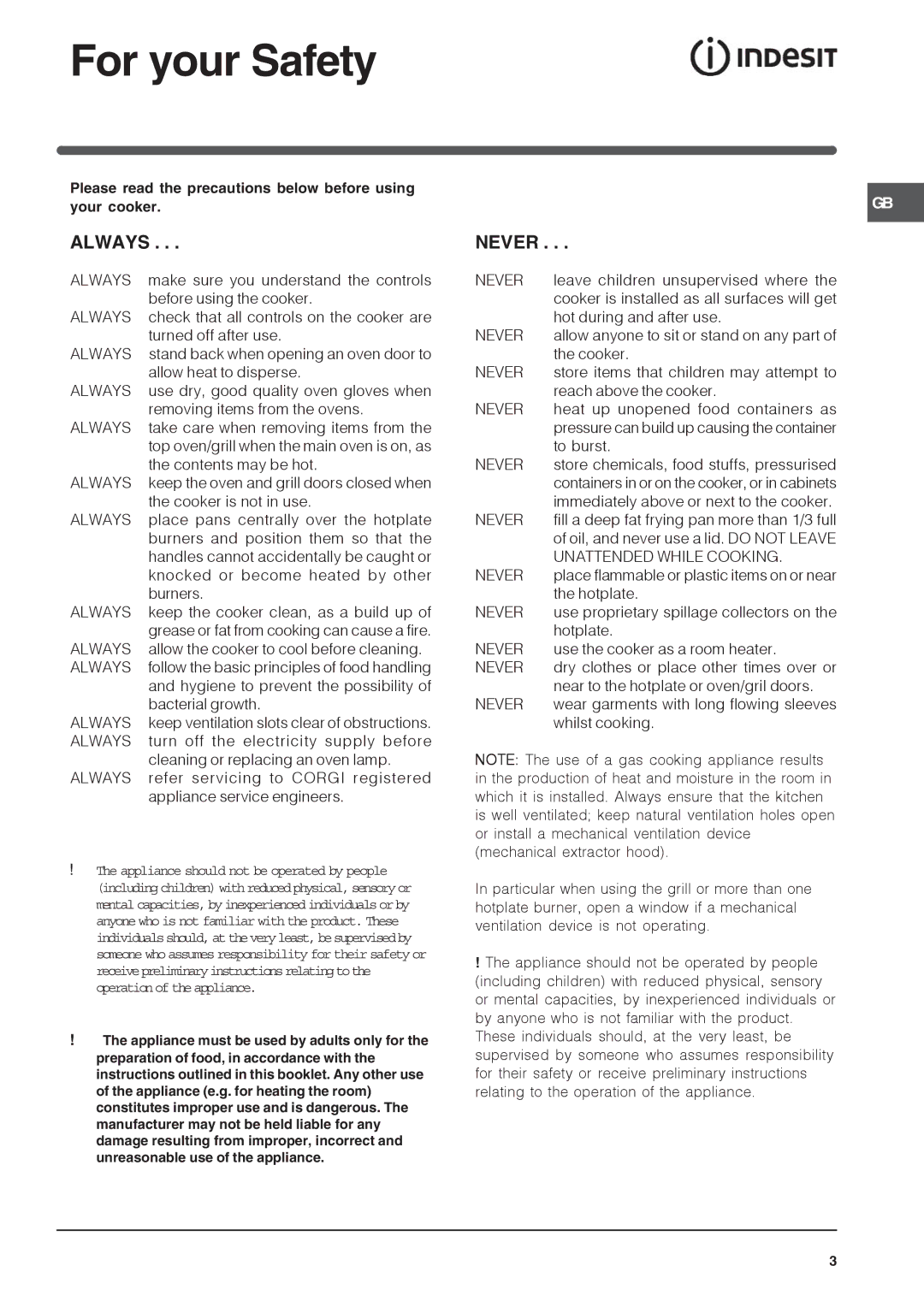 Indesit KDP60E, KD6G35, KDP60SES For your Safety, Please read the precautions below before using your cooker 