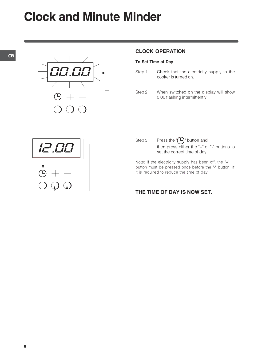 Indesit KDP60E, KD6G35, KDP60SES Clock and Minute Minder, Clock Operation, Time of DAY is NOW SET, To Set Time of Day 