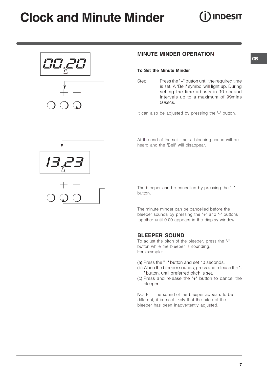 Indesit KD6G35, KDP60E, KDP60SES installation instructions Minute Minder Operation, Bleeper Sound, To Set the Minute Minder 