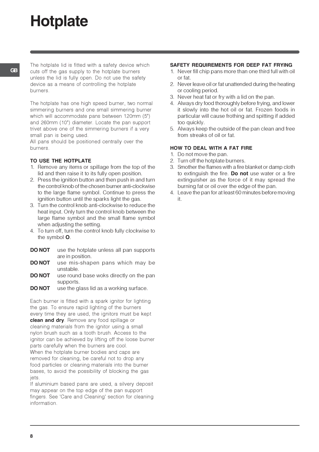 Indesit KDP60SES, KDP60E To USE the Hotplate, Safety Requirements for Deep FAT Frying, HOW to Deal with a FAT Fire 