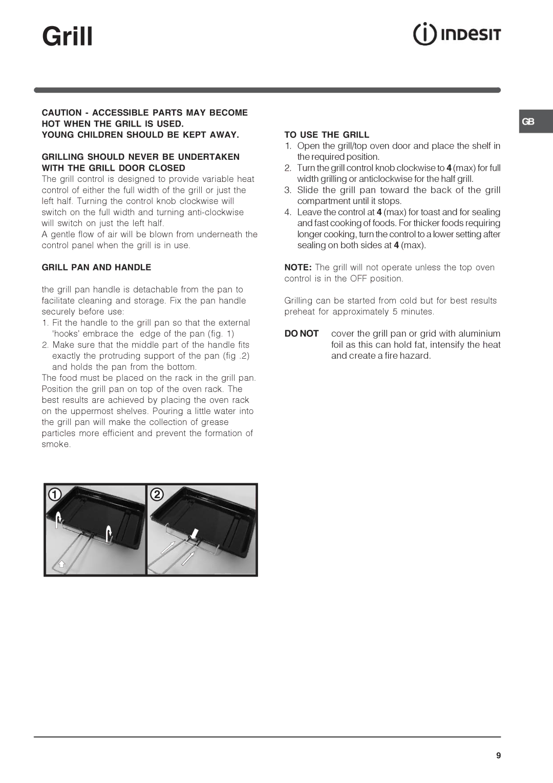 Indesit KDP60E, KD6G35, KDP60SES installation instructions Grill PAN and Handle, To USE the Grill 