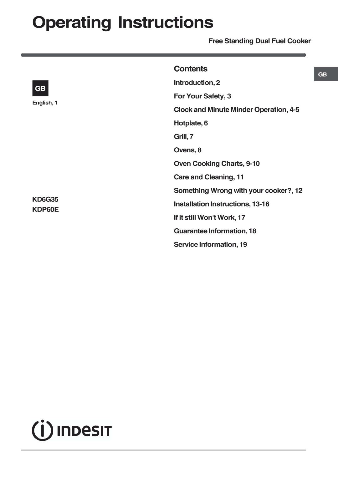 Indesit KD6G35, KDP60E operating instructions Operating Instructions, Contents 