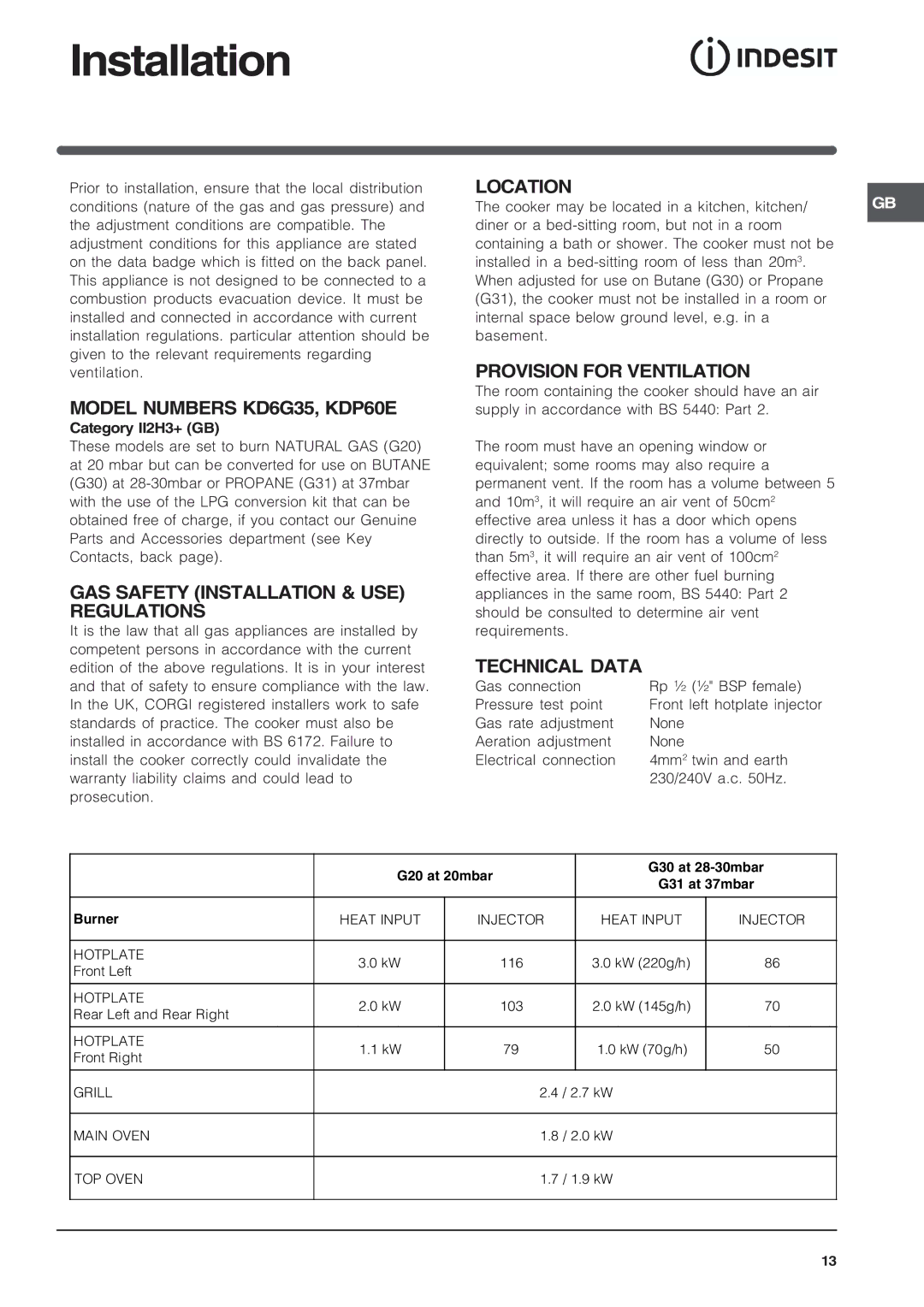 Indesit KD6G35, KDP60E operating instructions Installation 