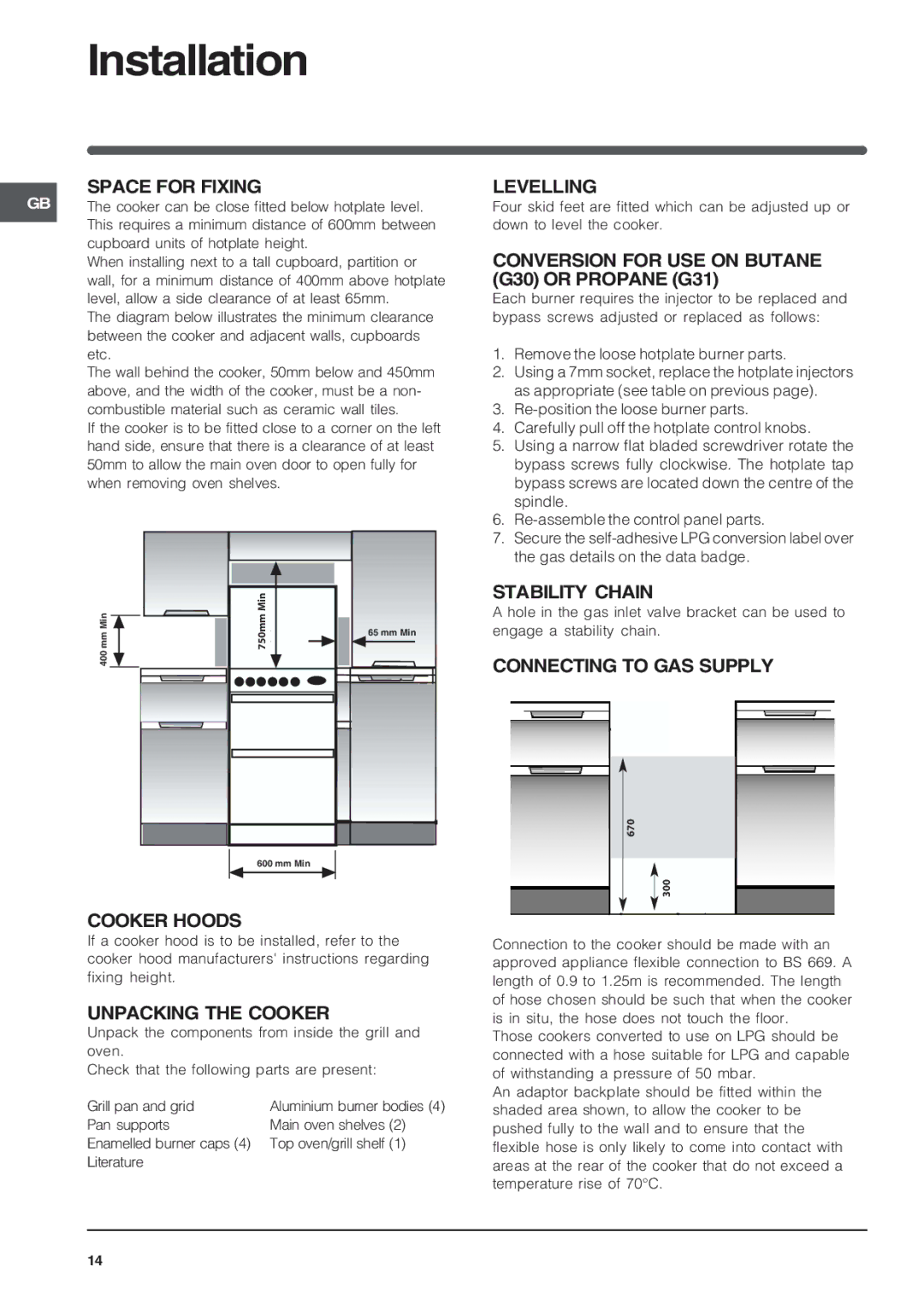 Indesit KDP60E Space for Fixing, Cooker Hoods, Unpacking the Cooker, Levelling, Stability Chain, Connecting to GAS Supply 