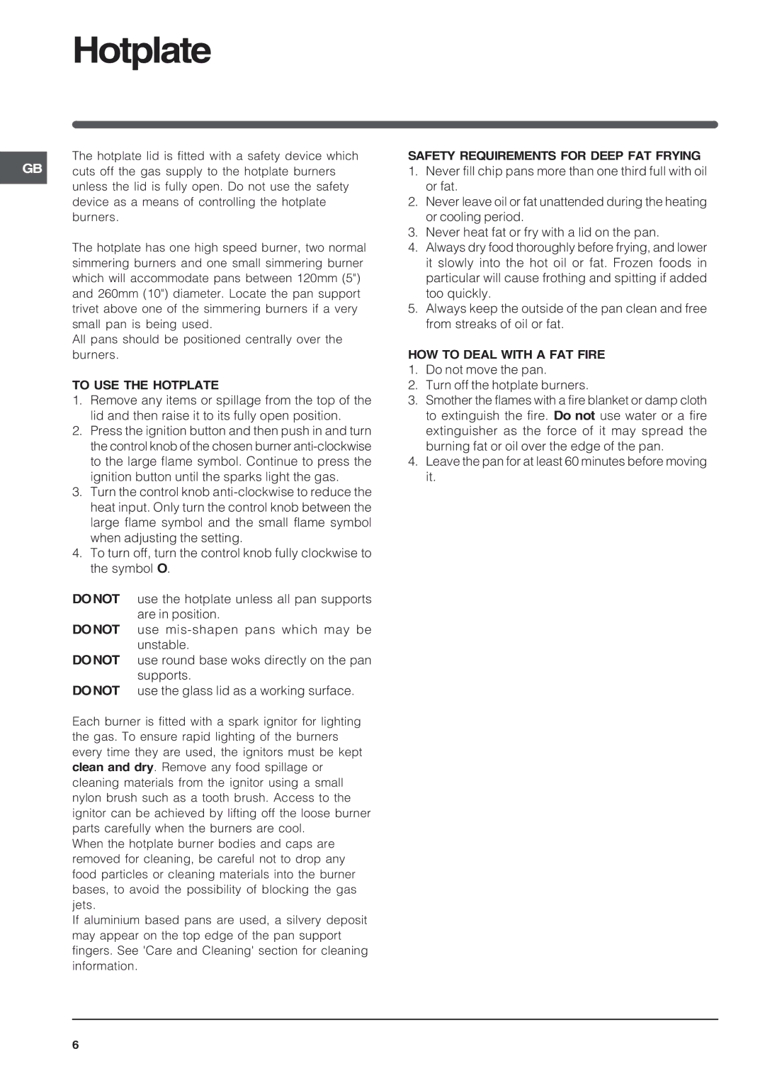 Indesit KDP60E, KD6G35 operating instructions To USE the Hotplate 