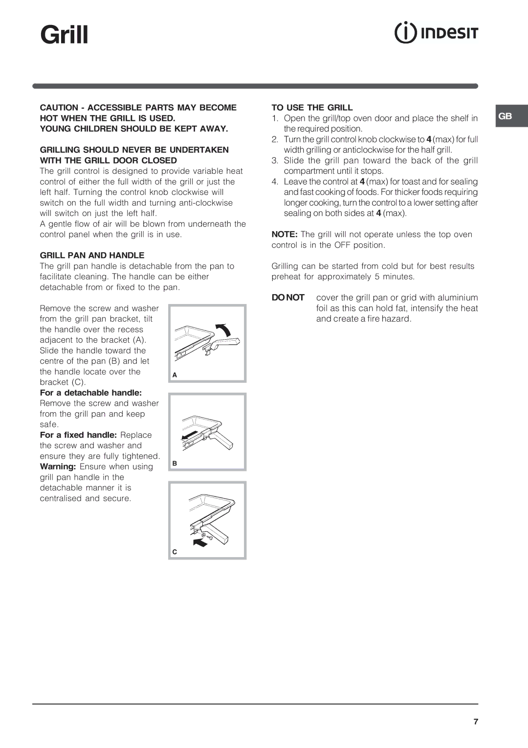 Indesit KD6G35, KDP60E operating instructions Grill PAN and Handle 