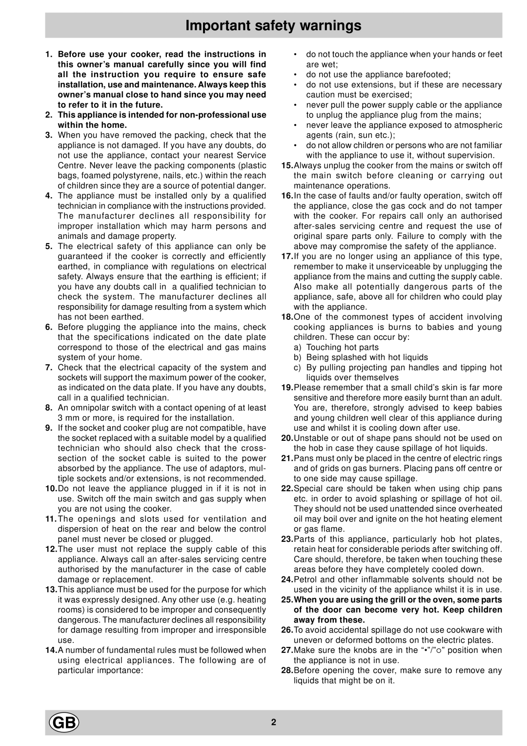 Indesit KG 3044 WE/G, KG 3044 BE/G manual Important safety warnings 