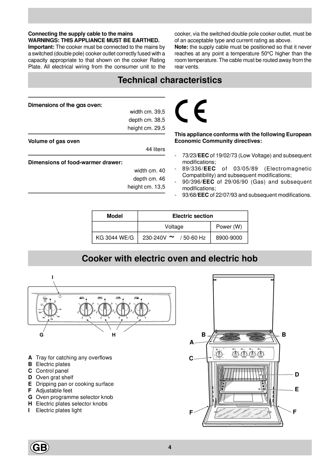 Indesit KG 3044 WE/G, KG 3044 BE/G manual Technical characteristics, Cooker with electric oven and electric hob 