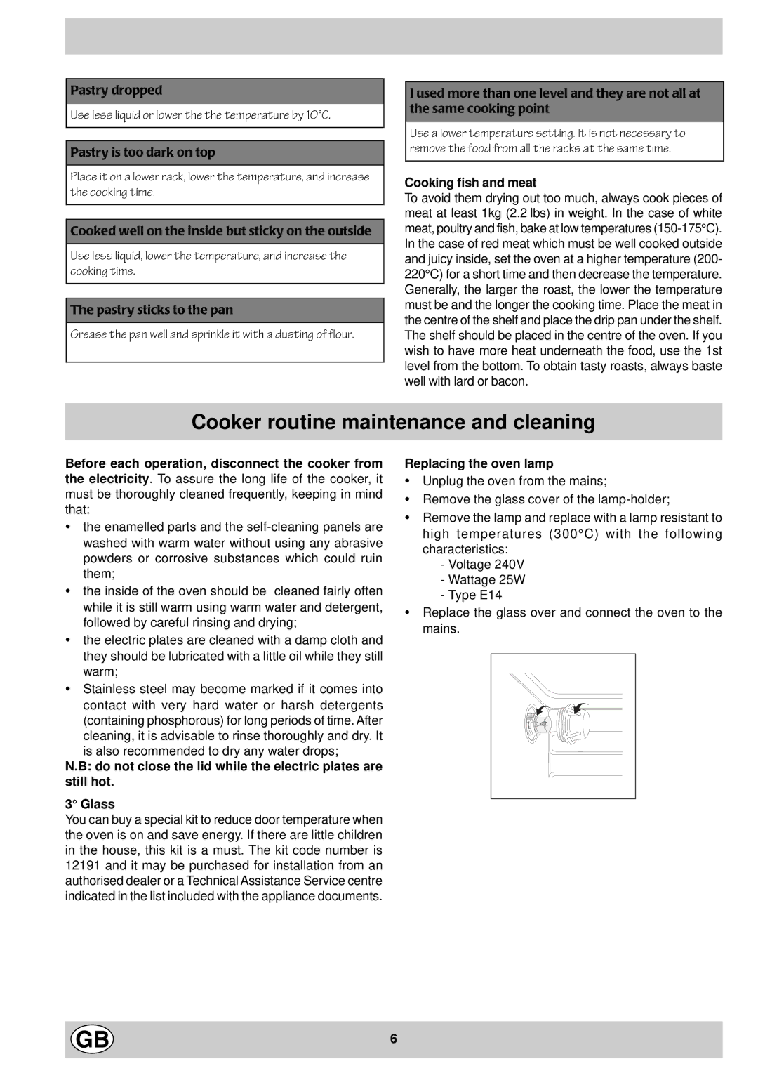 Indesit KG 3044 WE/G, KG 3044 BE/G Cooker routine maintenance and cleaning, Cooking fish and meat, Replacing the oven lamp 