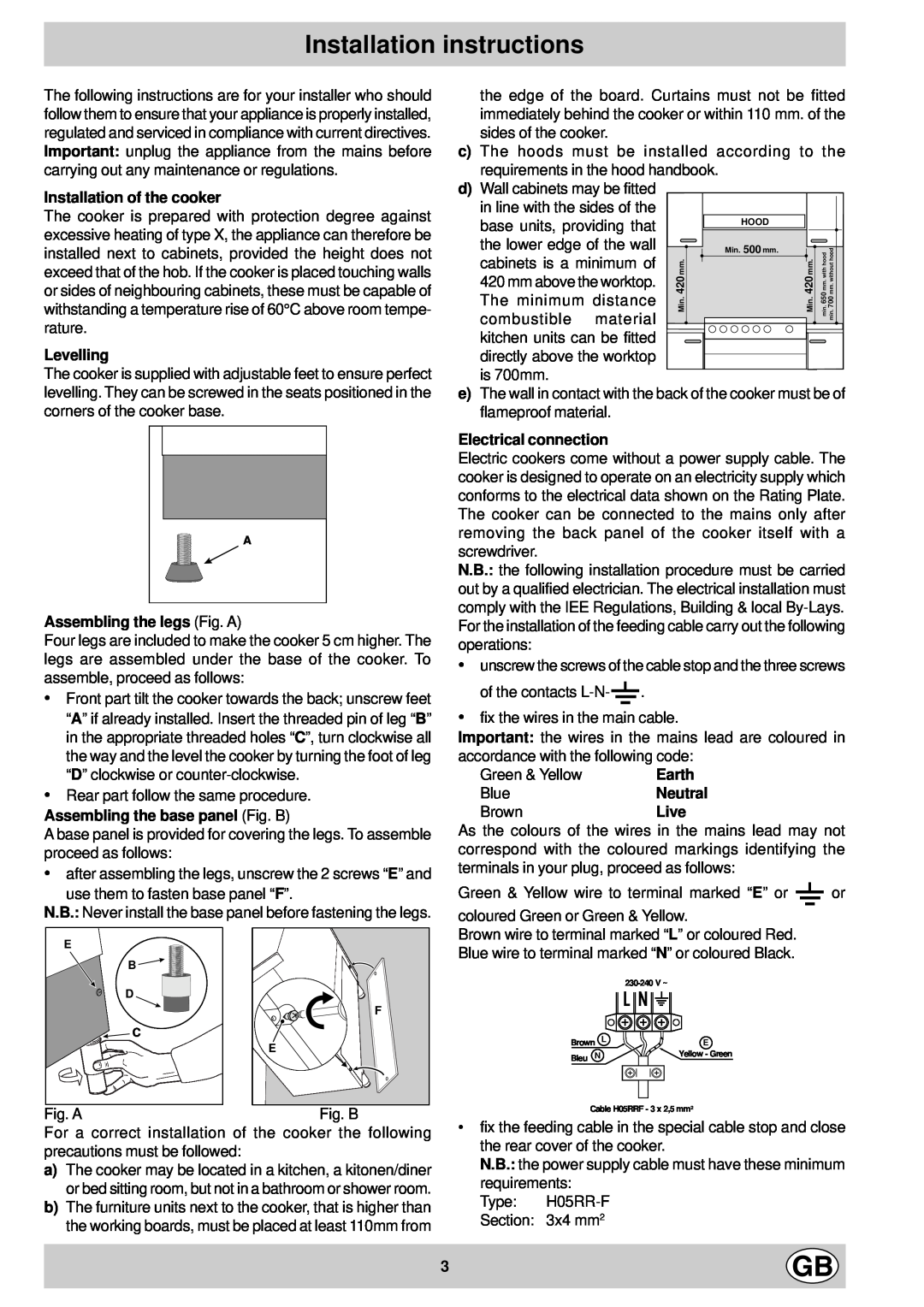 Indesit KG 3044 BE/G Installation instructions, Installation of the cooker, Levelling, Assembling the legs Fig. A, Earth 