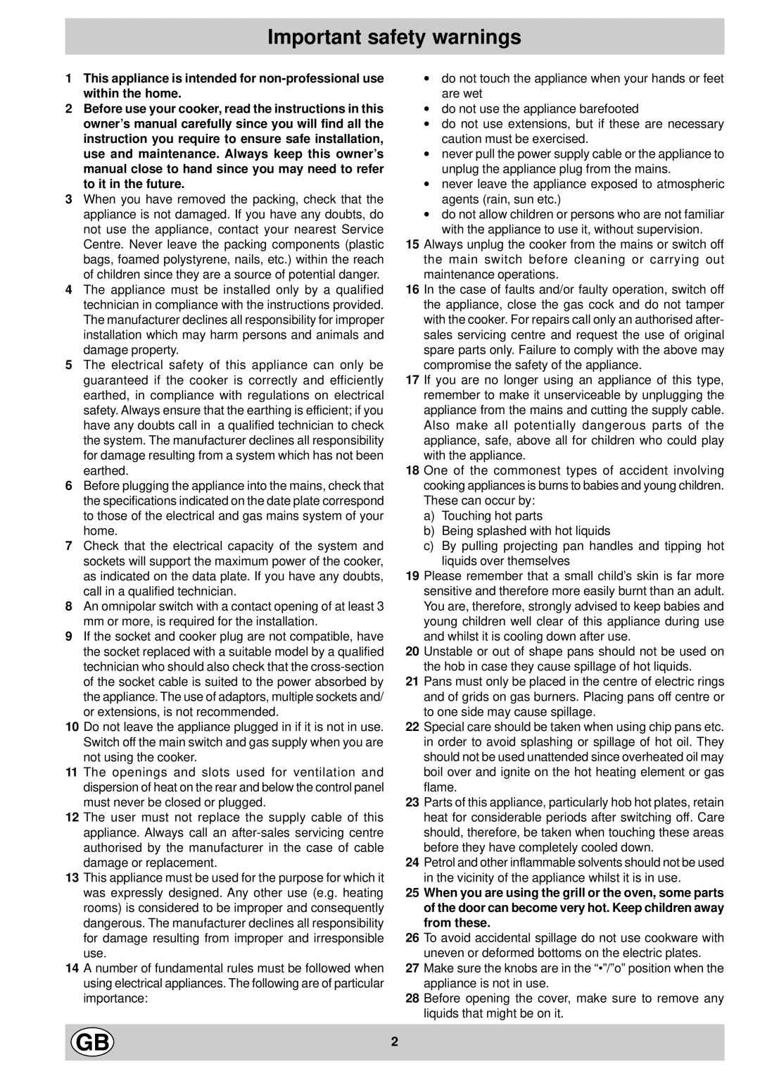 Indesit KG6044WV/G manual Important safety warnings 