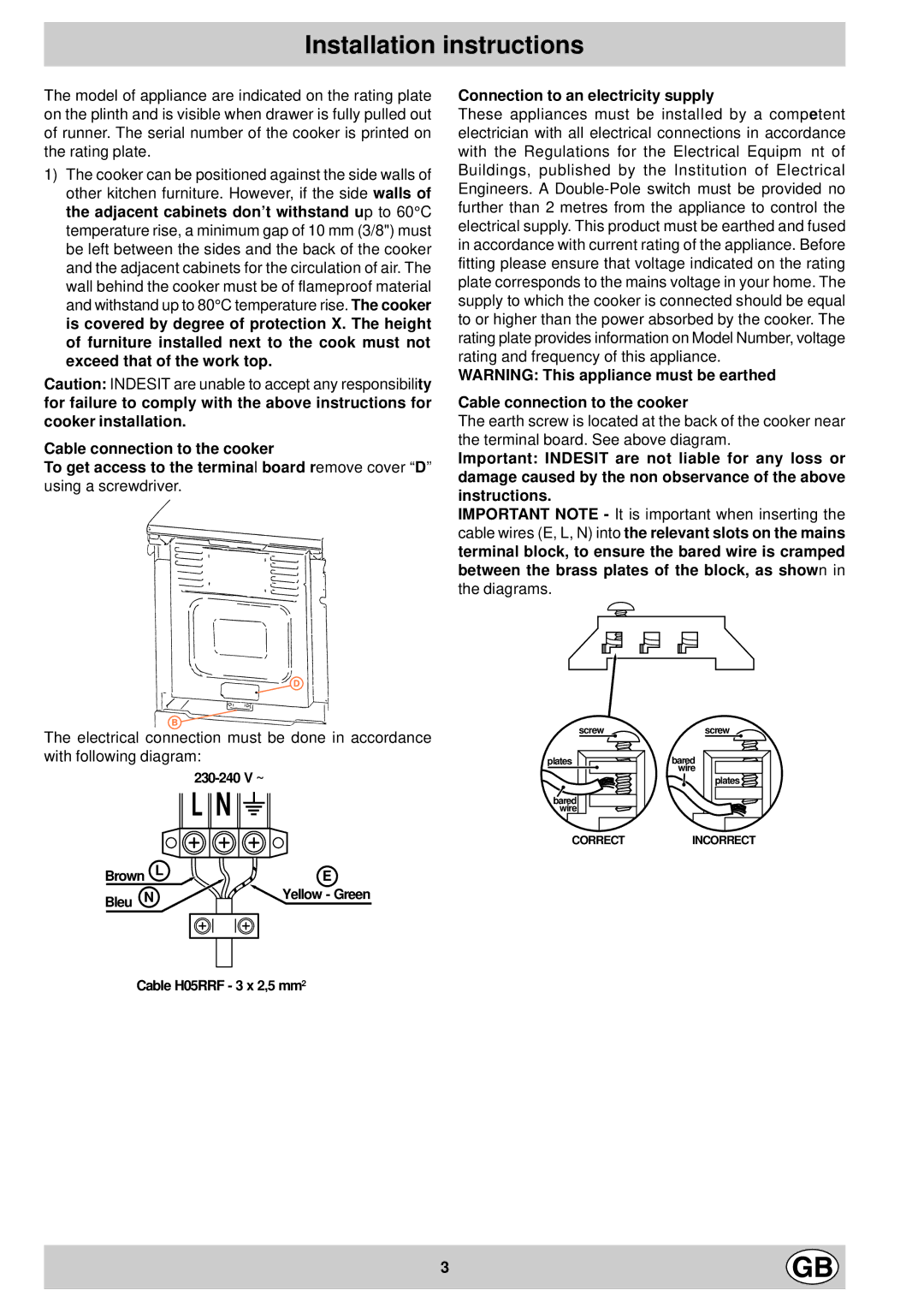 Indesit KG6044WV/G manual Installation instructions, Cable connection to the cooker, With following diagram 