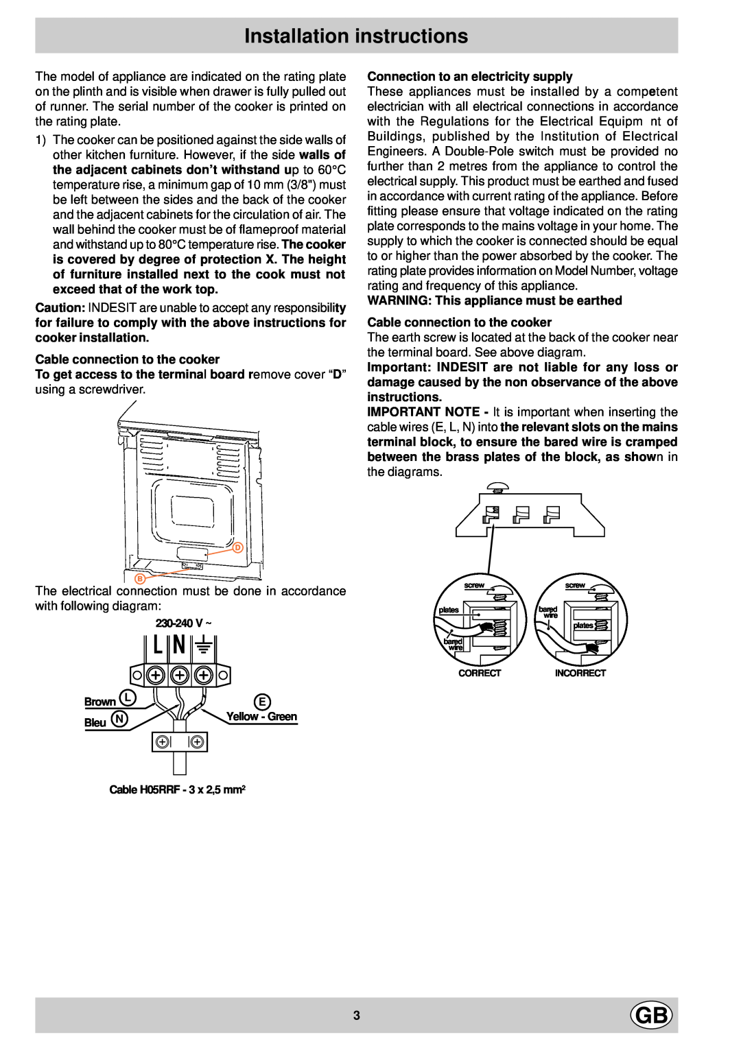 Indesit KG6044WV/G manual Installation instructions, Cable connection to the cooker, Connection to an electricity supply 