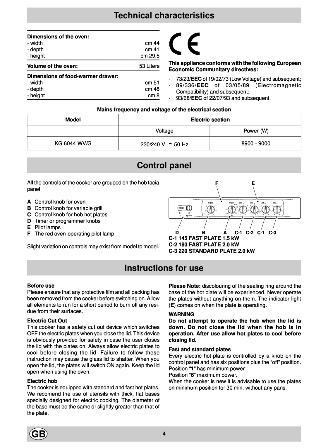 Indesit KG6044WV/G manual Control panel, Instructions for use 