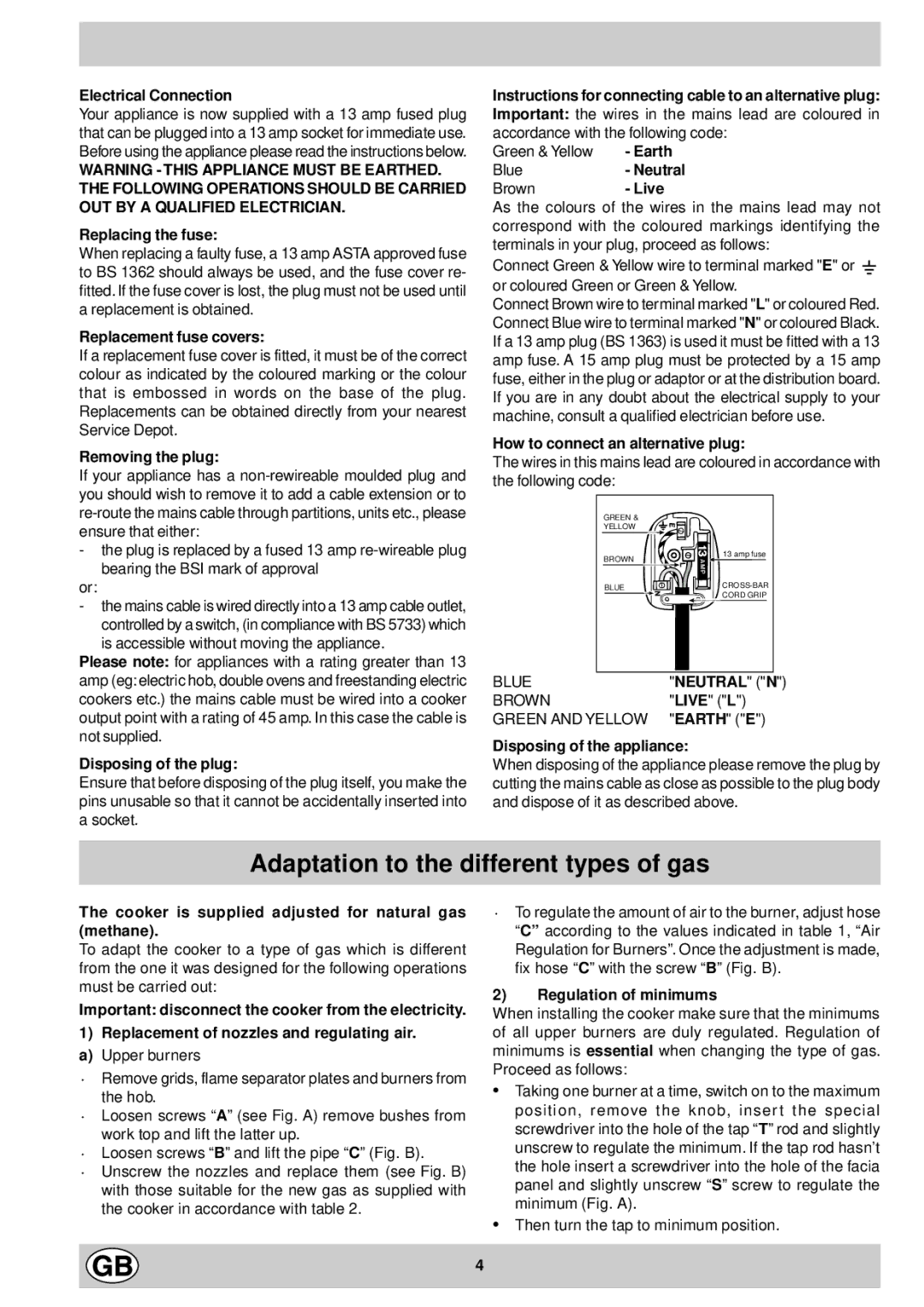 Indesit KG6407 GV/G, KG6407 AV/G, KG6408 XV/G, KG6407 LV/G manual Adaptation to the different types of gas 