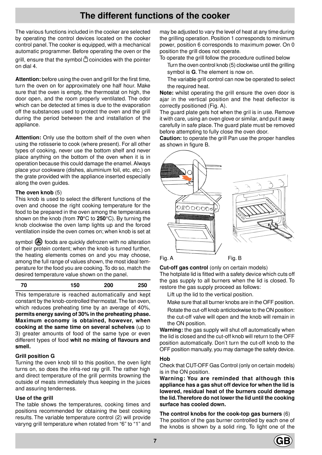 Indesit KG6407 AV/G, KG6408 XV/G, KG6407 LV/G, KG6407 GV/G manual Different functions of the cooker 