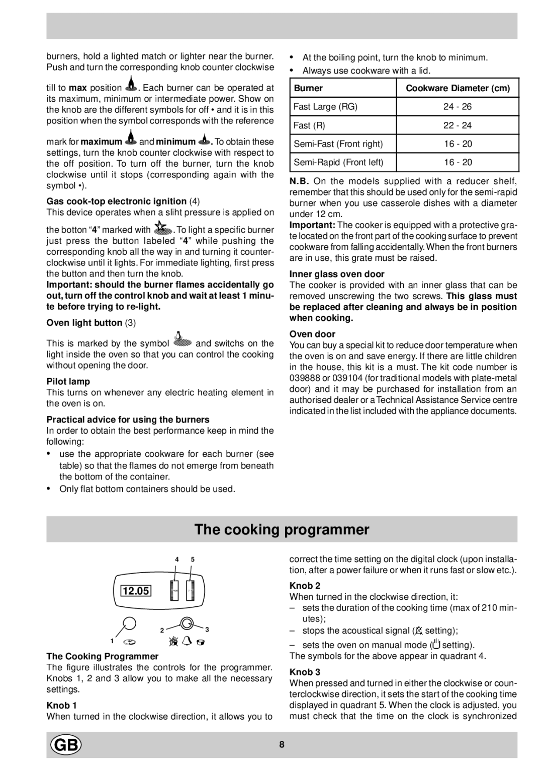 Indesit KG6407 LV/G, KG6407 AV/G, KG6408 XV/G, KG6407 GV/G manual Cooking programmer 