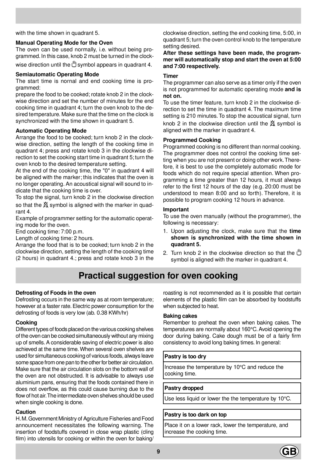 Indesit KG6407 GV/G, KG6407 AV/G, KG6408 XV/G, KG6407 LV/G manual Practical suggestion for oven cooking 