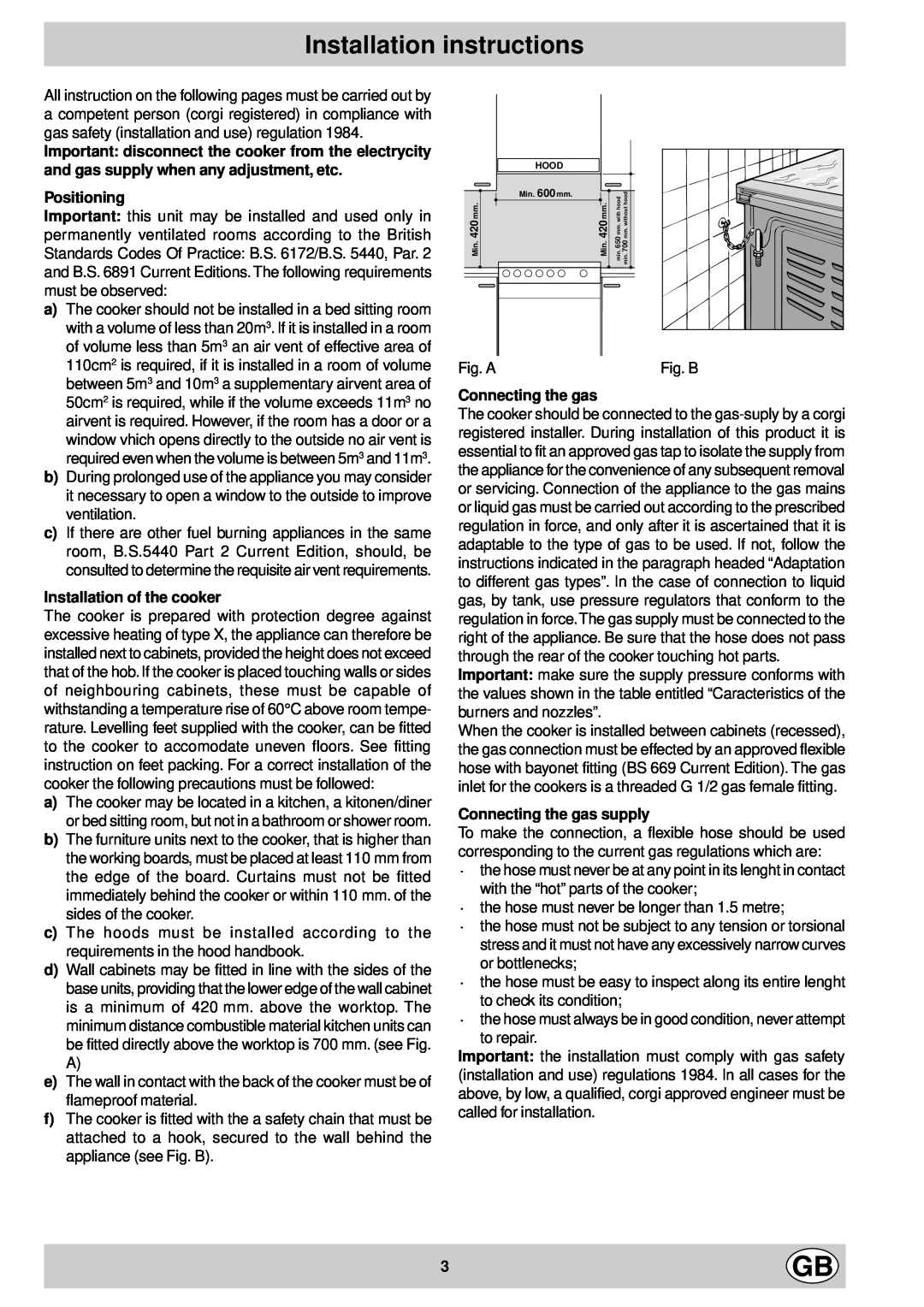Indesit KG6407 LV/G, KG6407 AV/G Installation instructions, Positioning, Installation of the cooker, Connecting the gas 