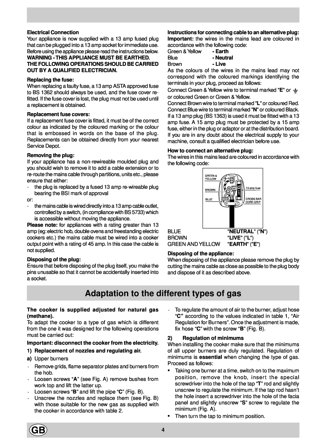 Indesit KG6407 GV/G, KG6407 AV/G, KG6408 XV/G, KG6407 LV/G manual Adaptation to the different types of gas 
