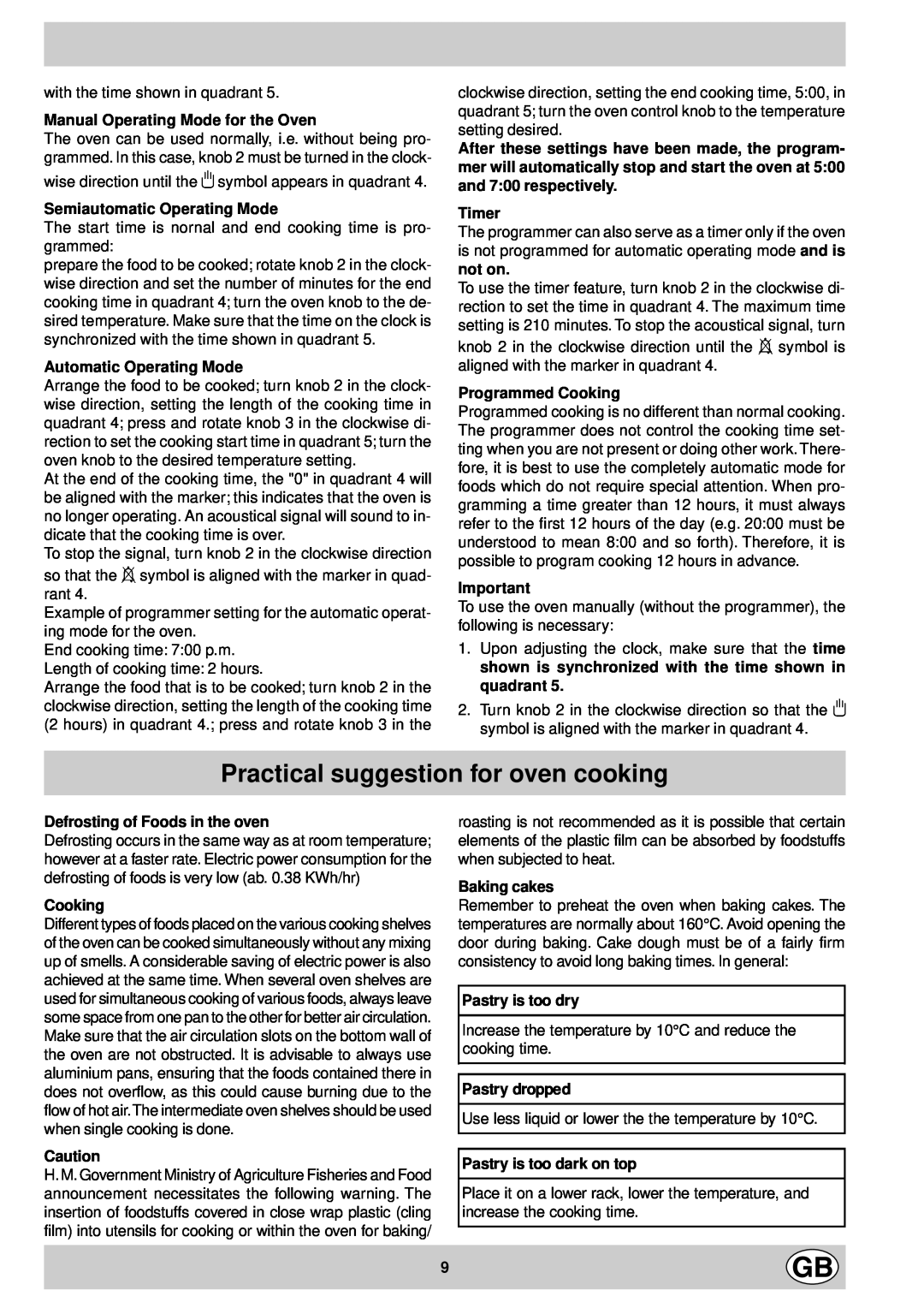 Indesit KG6407 GV/G, KG6407 AV/G, KG6408 XV/G, KG6407 LV/G manual Practical suggestion for oven cooking 