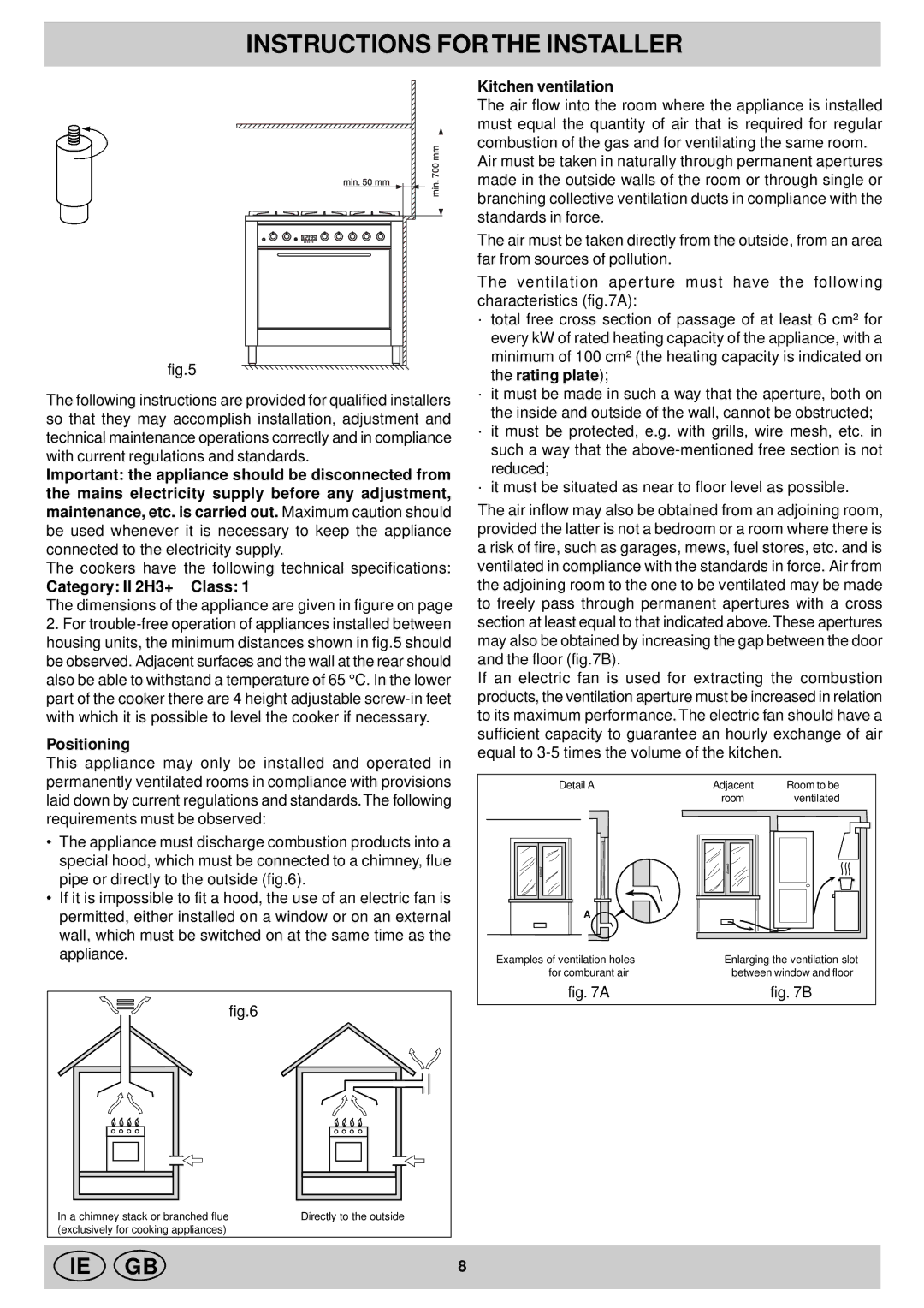 Indesit KP 59 MS.C (X)/G manual Instructions for the Installer, Category II 2H3+ Class, Positioning, Kitchen ventilation 