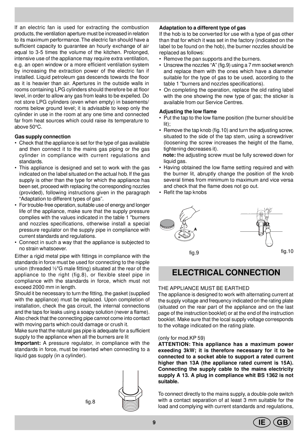 Indesit KP 9508 E (X)/G manual Electrical Connection, Gas supply connection, Adaptation to a different type of gas 