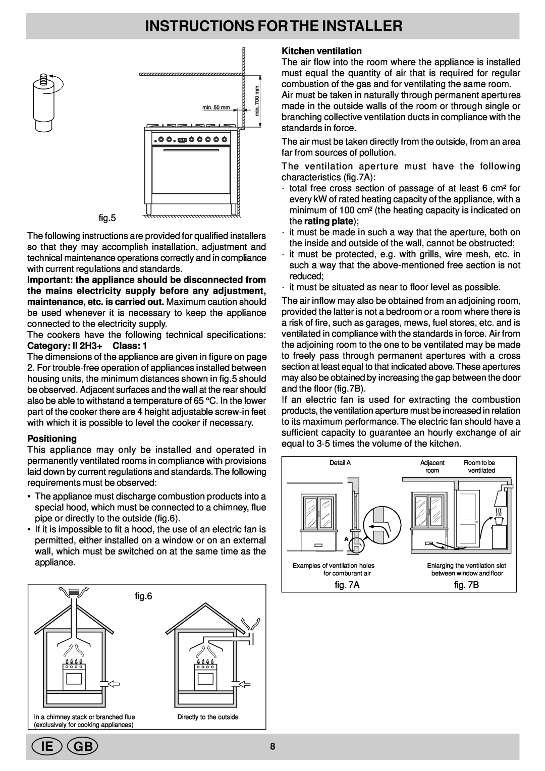 Indesit KP 59 MS.C (X)/G Instructions For The Installer, Category II 2H3+ Class, Positioning, Kitchen ventilation, Ie Gb 