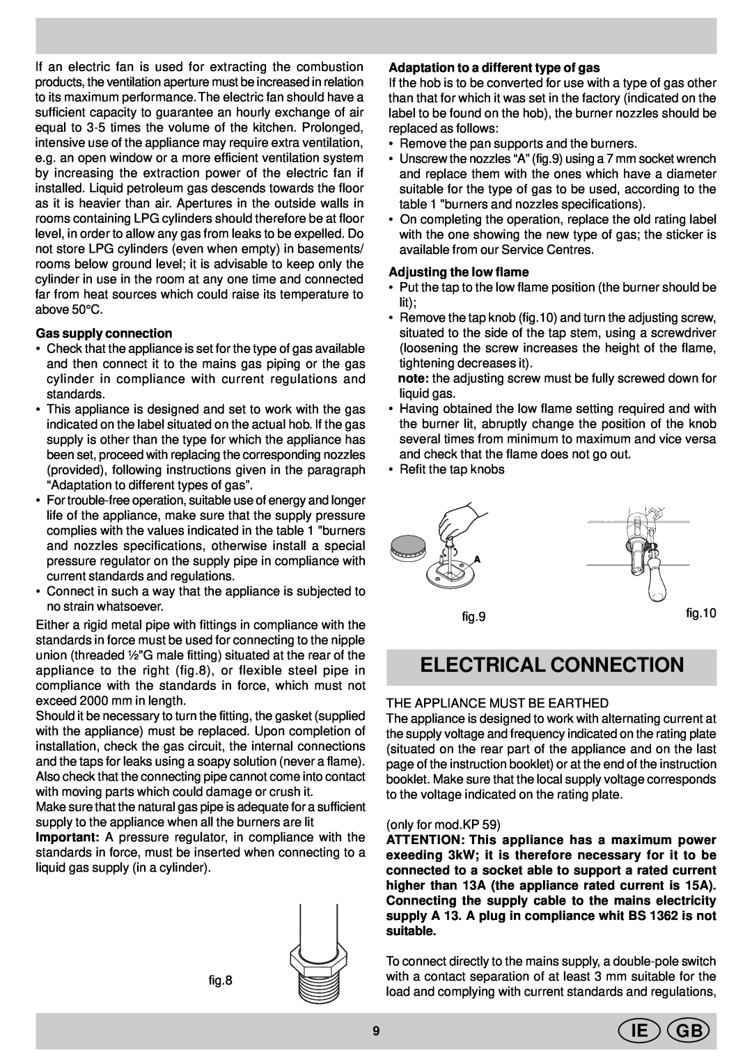 Indesit KP 9508 E (X)/G manual Electrical Connection, Gas supply connection, Adaptation to a different type of gas, Ie Gb 