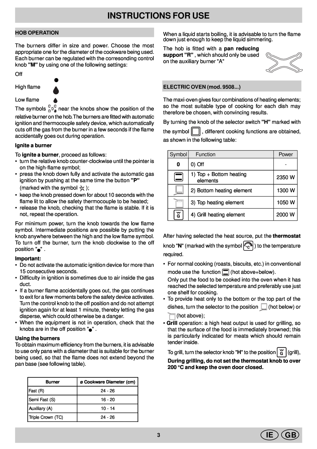 Indesit KP 9508 E (X)/G Instructions For Use, Hob Operation, Ignite a burner, Using the burners, ELECTRIC OVEN mod, Ie Gb 