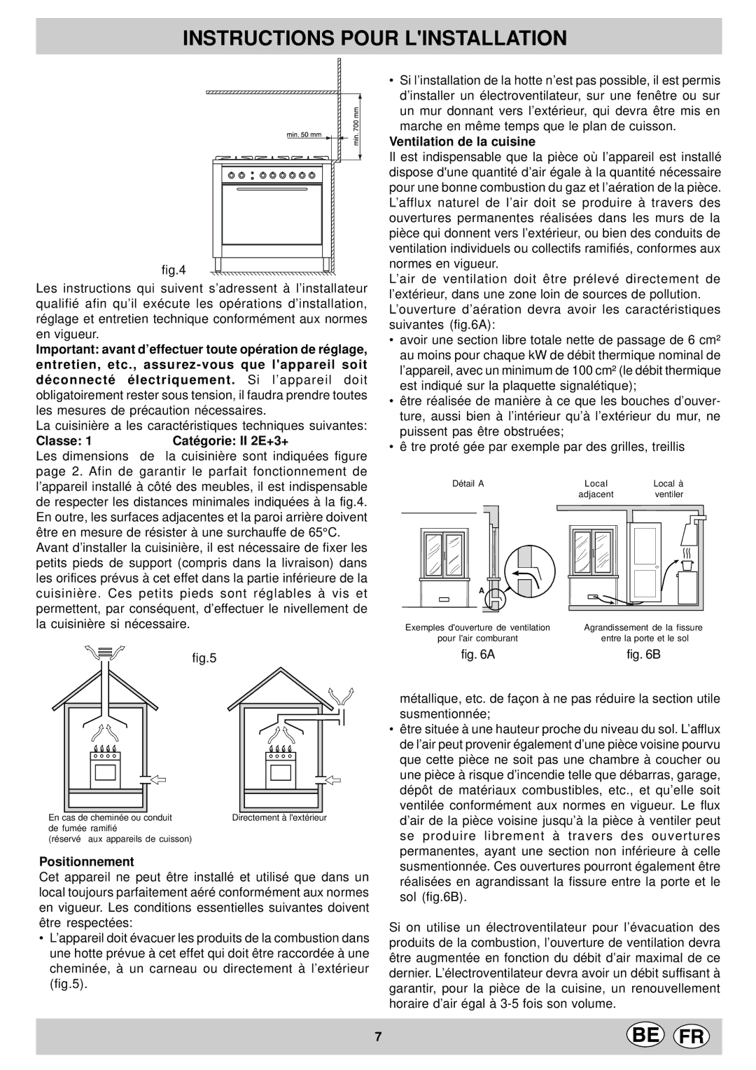 Indesit KP 9507 EB Instructions Pour Linstallation, Classe 1Catégorie II 2E+3+, Ventilation de la cuisine, Positionnement 