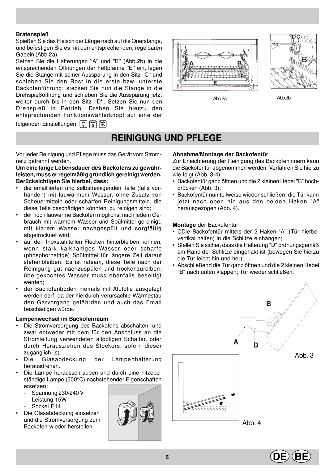 Indesit KP 958 MS.B Reinigung UND Pflege, Bratenspieß, Lampenwechsel im Backofenraum, Abnahme/Montage der Backofentür 