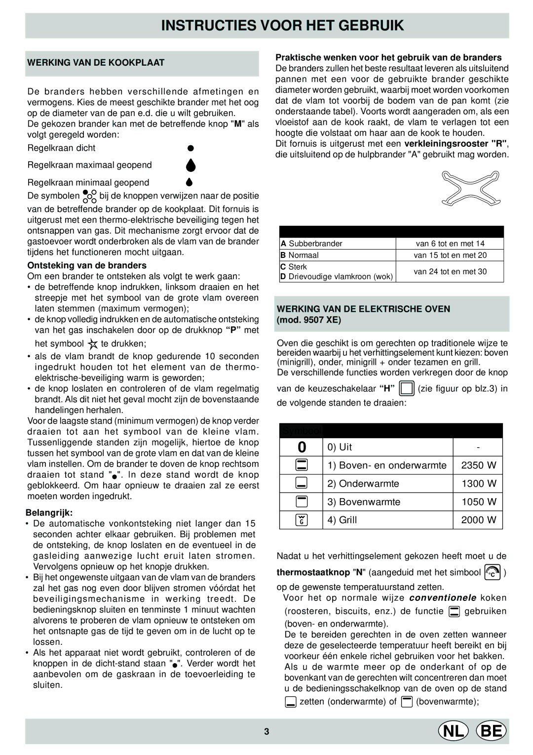 Indesit KP 9507 EB manual Instructies Voor HET Gebruik, Werking VAN DE Kookplaat, Ontsteking van de branders, Belangrijk 