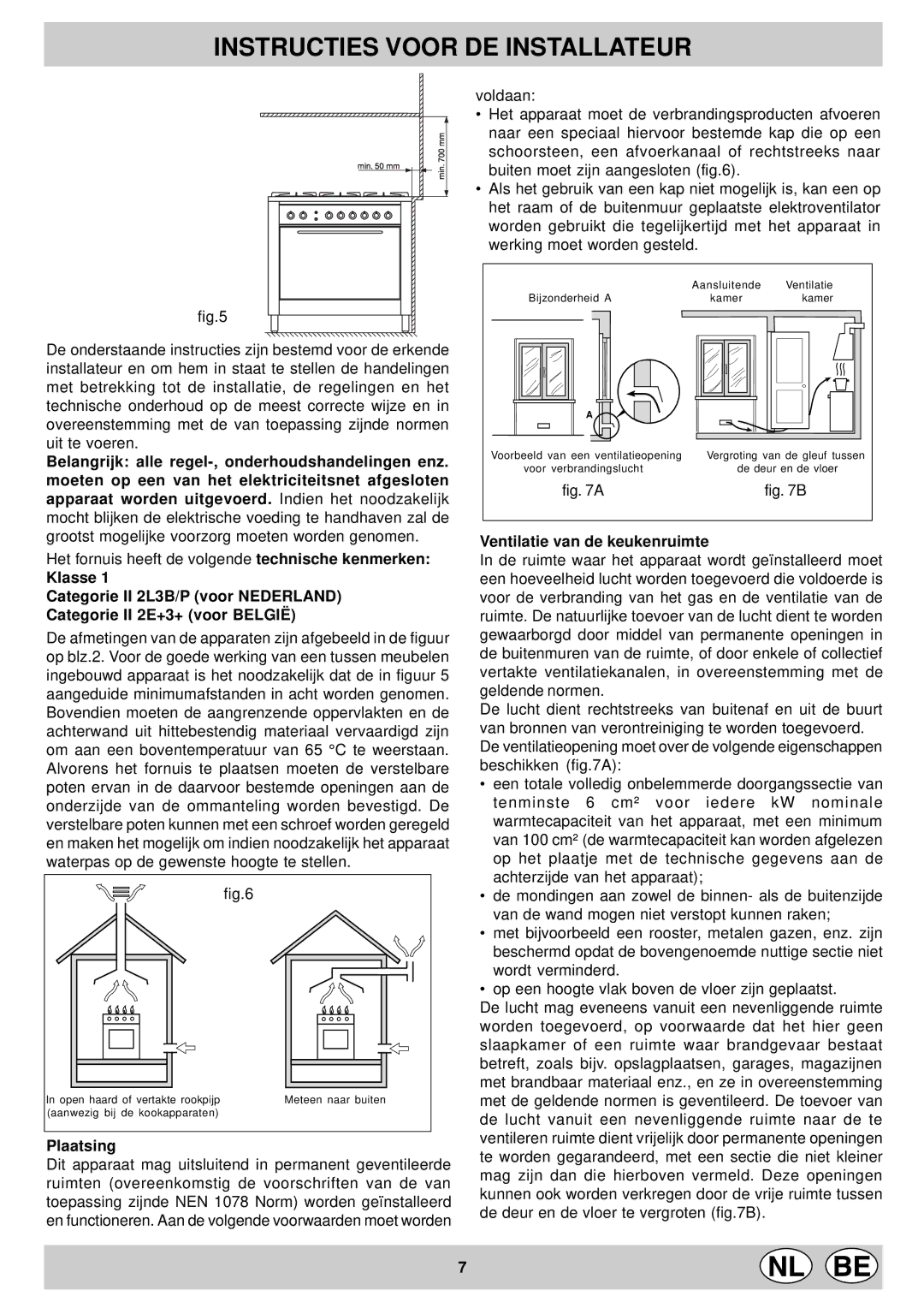 Indesit KP 9507 EB, KP 958 MS.B manual Instructies Voor DE Installateur, Plaatsing, Ventilatie van de keukenruimte 