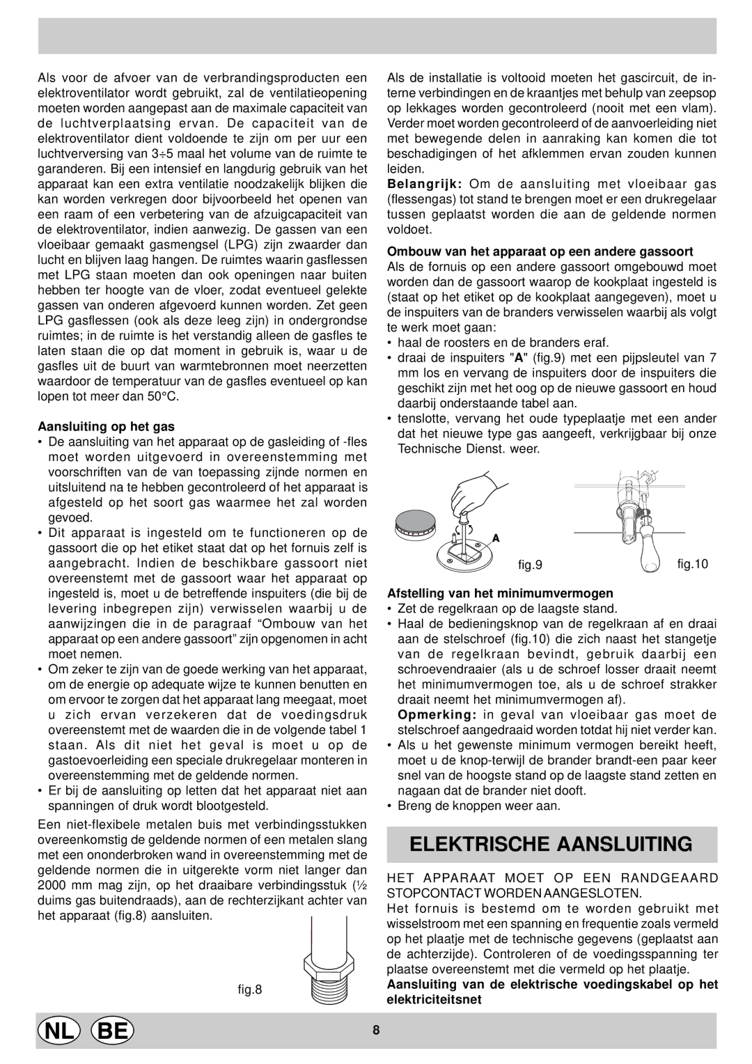 Indesit KP 958 MS.B, KP 9507 EB manual Elektrische Aansluiting, Aansluiting op het gas, Afstelling van het minimumvermogen 