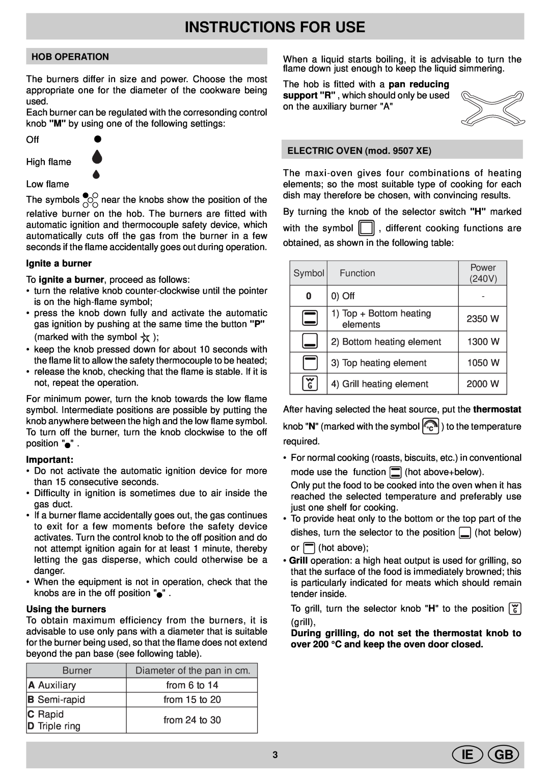 Indesit KP 9507 EB, KP 958 MS.B manual Instructions For Use, Ie Gb, Hob Operation, Ignite a burner, Using the burners 