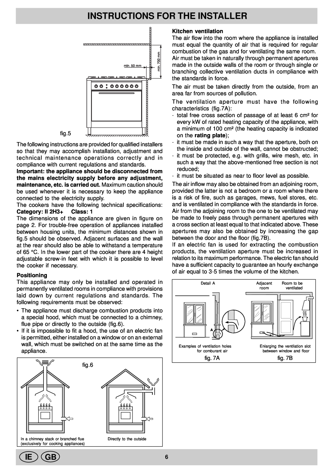 Indesit KP 958 MS.B manual Instructions For The Installer, Ie Gb, Category II 2H3+ Class, Positioning, Kitchen ventilation 