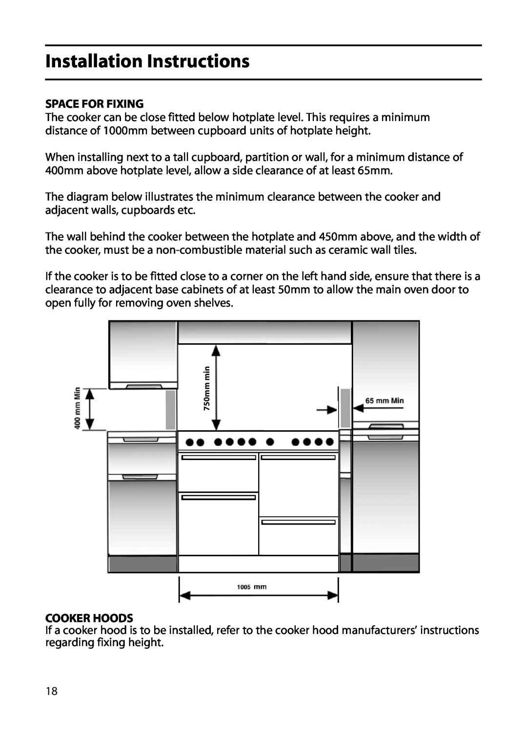 Indesit KP100IX manual Space For Fixing, Cooker Hoods, Installation Instructions, 750mm min 