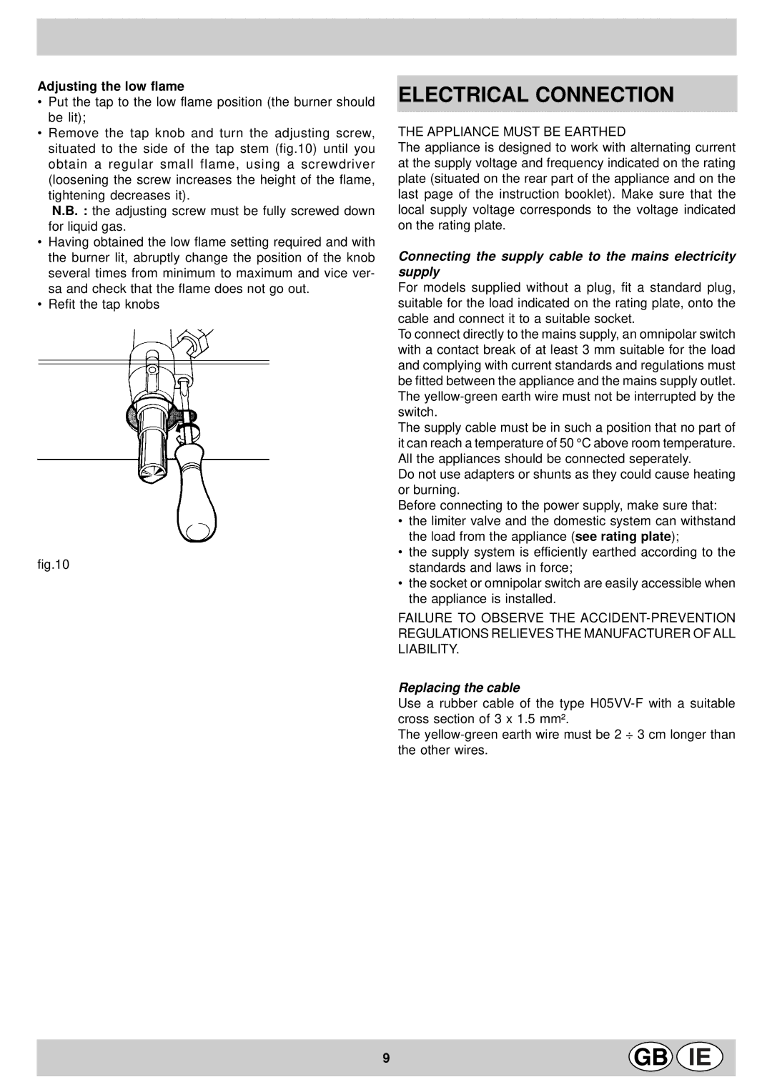 Indesit KP59MSXG manual Electrical Connection, Adjusting the low flame 