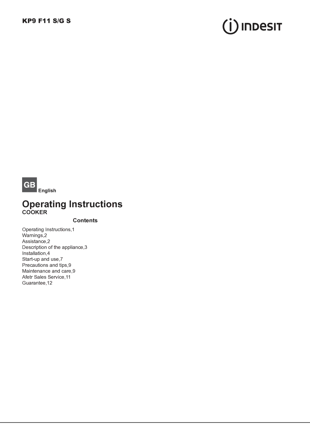 Indesit KP9 F11 S/G S manual Operating Instructions 