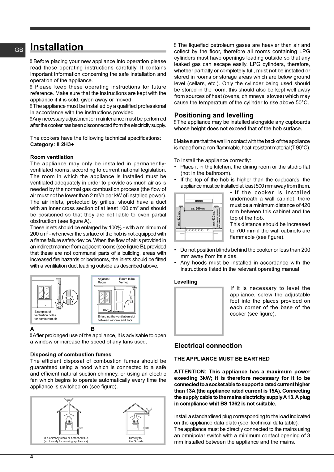 Indesit KP9 F11 S/G S manual GB Installation, Positioning and levelling, Electrical connection, Appliance Must be Earthed 