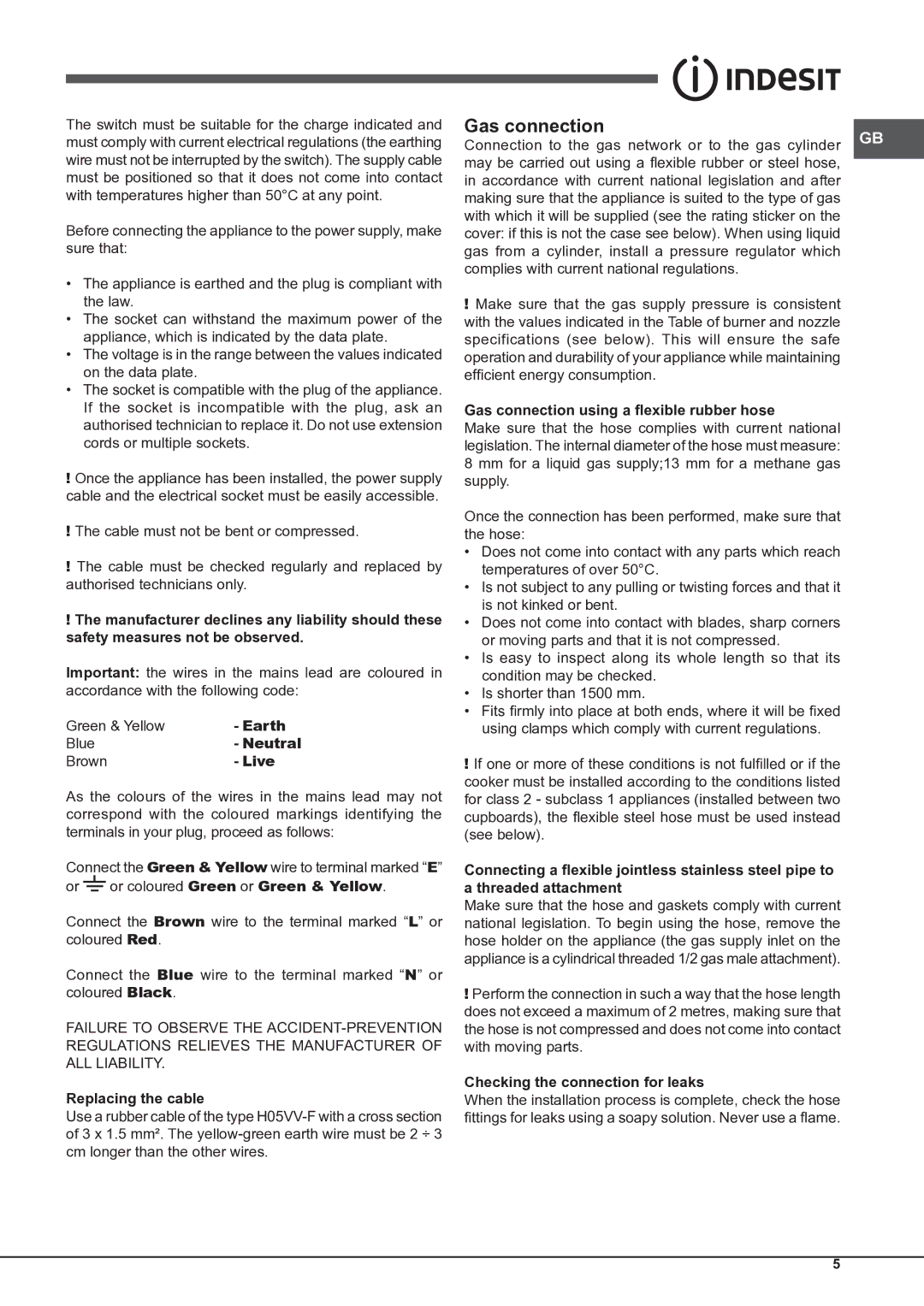 Indesit KP9 F11 S/G S manual Gas connection 