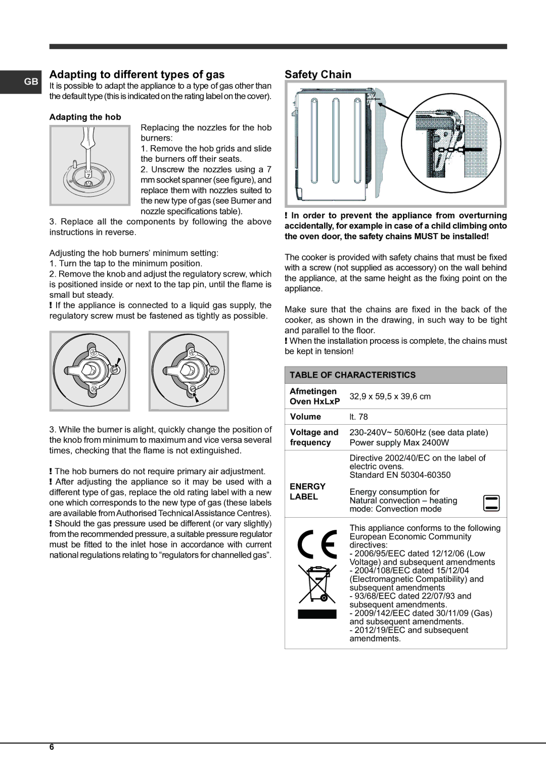 Indesit KP9 F11 S/G S manual Adapting to different types of gas, Safety Chain, Adapting the hob 