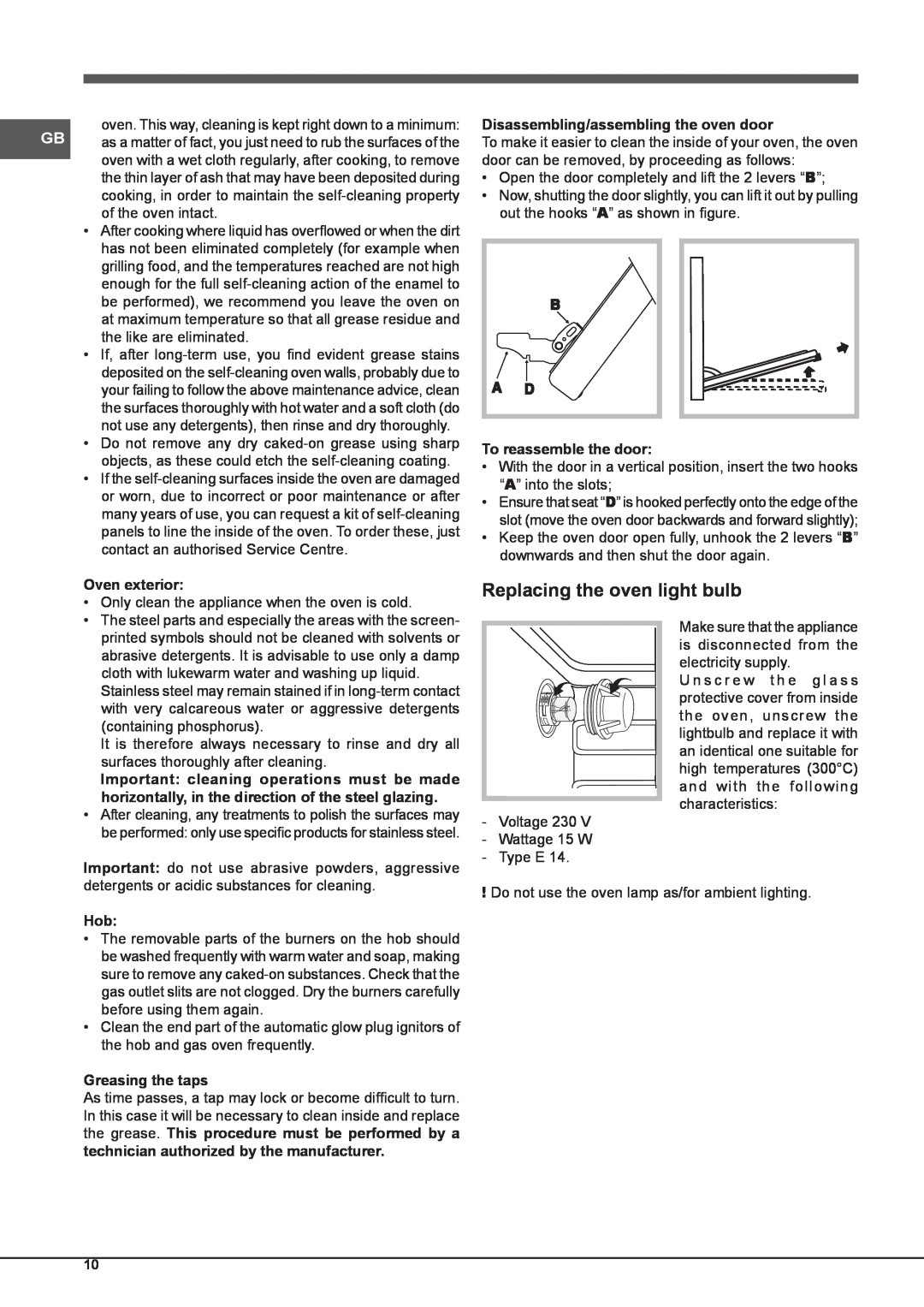 Indesit KP9 F11 S/G S manual Replacing the oven light bulb, Oven exterior, Disassembling/assembling the oven door 