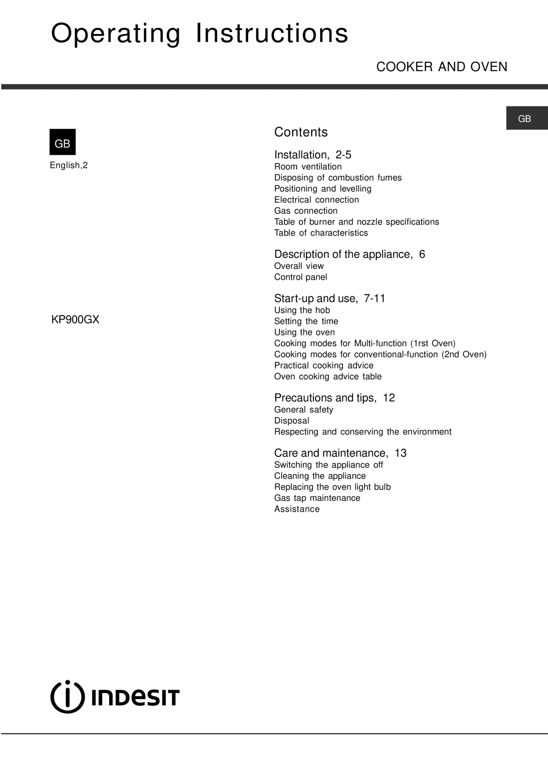 Indesit KP900GX specifications Operating Instructions, Cooker and Oven 