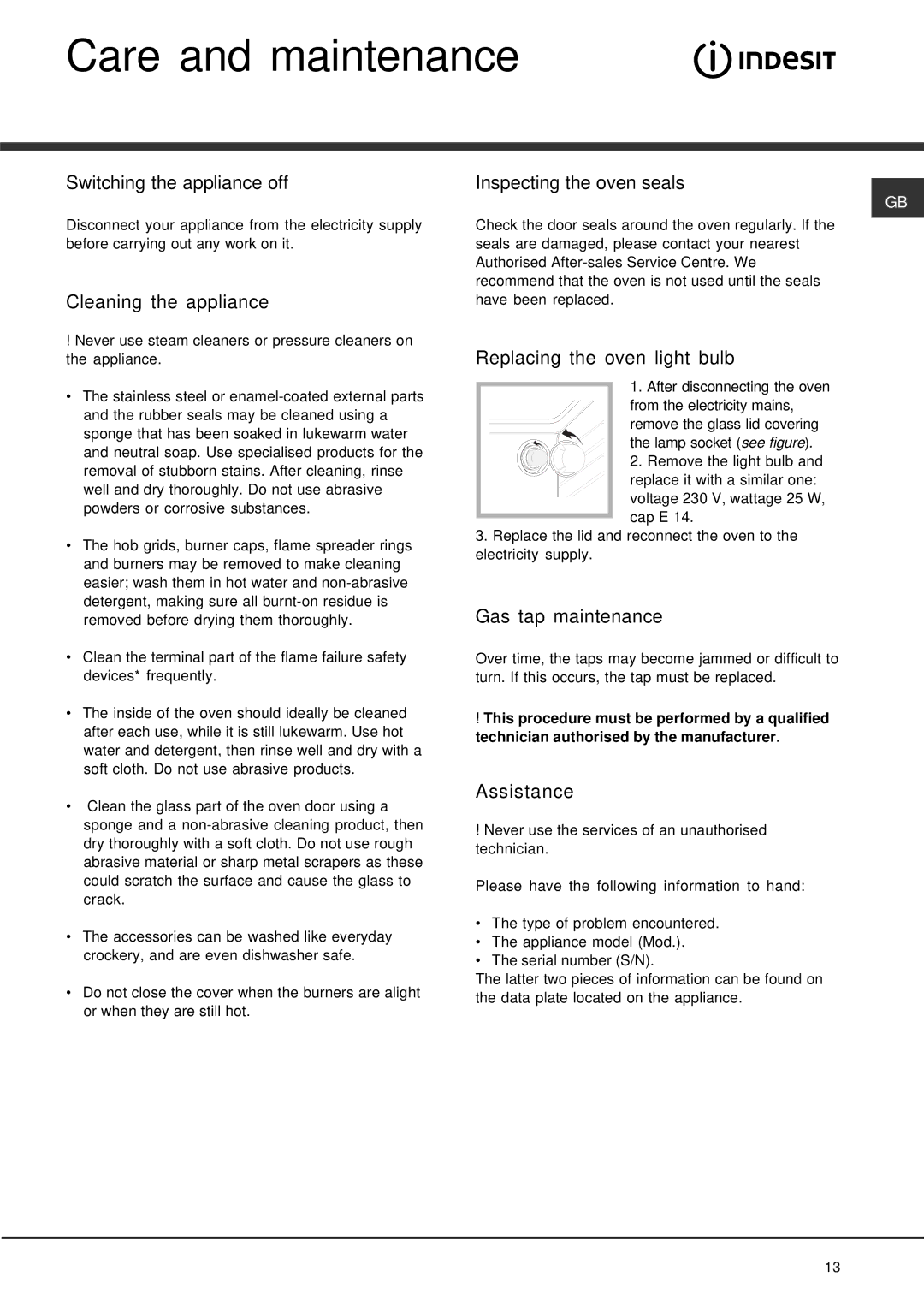 Indesit KP900GX specifications Care and maintenance 